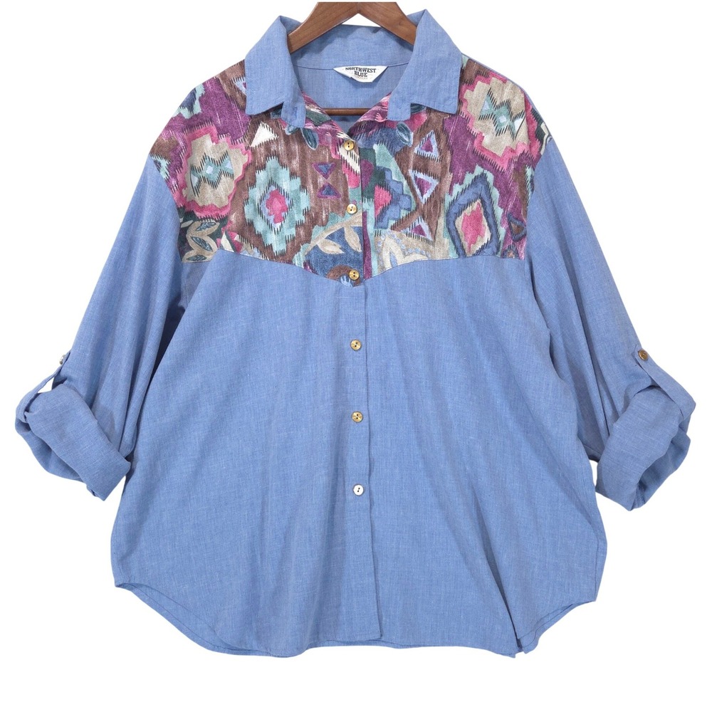 Vtg Northwest Blue Women Southwestern Aztec Yoke Roll Tab Shirt 2XL Button Up